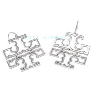 Beautiful Authentic Tory Burch Silver Britten Logo Drop Hoop Earrings